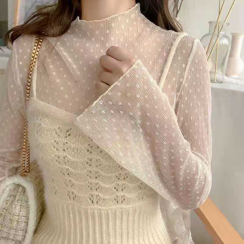 Polka Dot Perspective Lace Mesh Blouse - Eve's High Fashion LLC