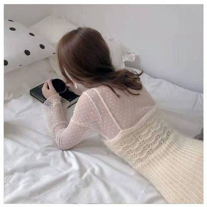 Polka Dot Perspective Lace Mesh Blouse - Eve's High Fashion LLC