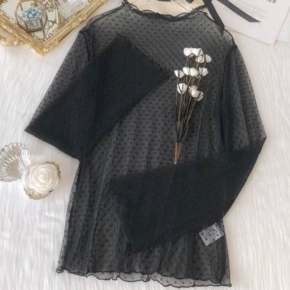 Polka Dot Perspective Lace Mesh Blouse - Eve's High Fashion LLC