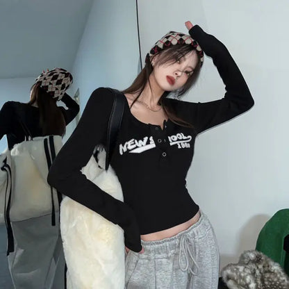 Retro Graffiti Print Elastic Long Sleeve T-Shirt - Eve's High Fashion LLC