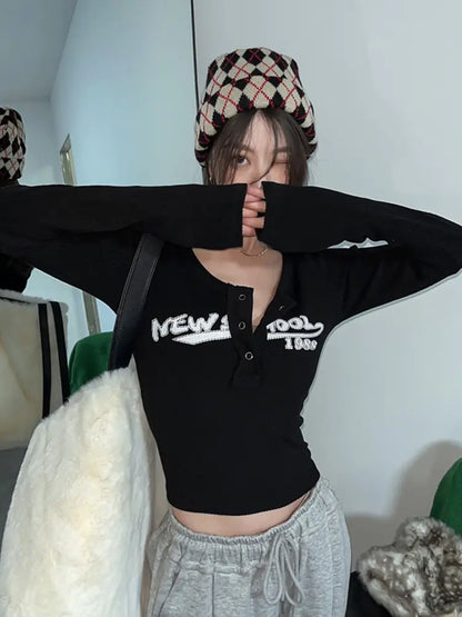 Retro Graffiti Print Elastic Long Sleeve T-Shirt - Eve's High Fashion LLC